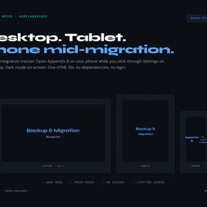 以下が含まれることがあります： ラップトップ、タブレット、電話のウェブサイトインターフェースを示す濃い青色のグラフィック。テキストは「Desktop. Tablet. Phone mid-migration」と表示されています。ラップトップ画面には「Backup & Migration」と表示されています。