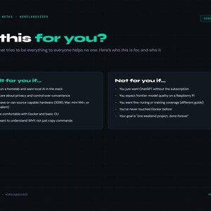 Peut inclure: Page web bleu fonc&eacute; avec le titre "Is this for you ?" et un guide sur les homelabs. La page &eacute;num&egrave;re les crit&egrave;res pour et contre l'utilisation du guide, y compris Docker et l'IA. Le texte est en blanc et bleu sarcelle.