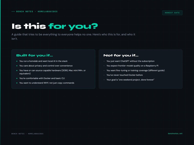 Peut inclure: Page web bleu fonc&eacute; avec le titre "Is this for you ?" et un guide sur les homelabs. La page &eacute;num&egrave;re les crit&egrave;res pour et contre l'utilisation du guide, y compris Docker et l'IA. Le texte est en blanc et bleu sarcelle.