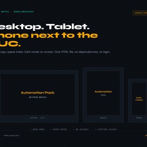 May include: Dark background with text: "Desktop. Tablet. Phone next to the NUC." Displays of a laptop, tablet, and phone with "Automation Pack" and "Automation" text. The website address is benchnotes.net.