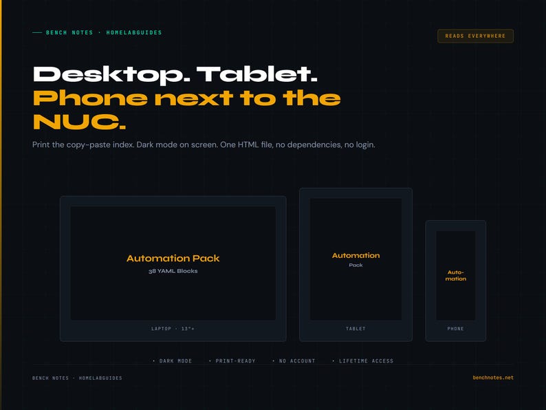 May include: Dark background with text: "Desktop. Tablet. Phone next to the NUC." Displays of a laptop, tablet, and phone with "Automation Pack" and "Automation" text. The website address is benchnotes.net.