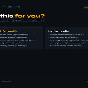 May include: Dark background with text: "Is this for you?" and lists of criteria for and against using YAML blocks. The text includes "Home Assistant", "Zigbee", "Wi-Fi", and "Z-Wave devices". The website benchnotes.net is also visible.