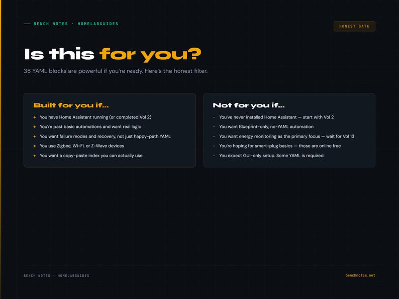 May include: Dark background with text: "Is this for you?" and lists of criteria for and against using YAML blocks. The text includes "Home Assistant", "Zigbee", "Wi-Fi", and "Z-Wave devices". The website benchnotes.net is also visible.