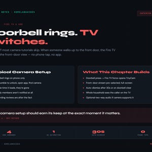 May include: A dark webpage with the text "Doorbell rings. TV switches." and information about camera setup and features. The page includes the text "bench notes" and "homelabguides."