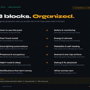 May include: A dark background with white and yellow text. The text reads "38 blocks. Organized." and lists nine categories. The categories include "How to use this pack," "Fast Track install," and "Core lighting automations."