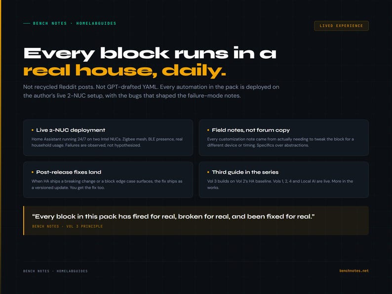 May include: A dark webpage with the text "Every block runs in a real house, daily." The page includes bullet points and the quote, "Every block in this pack has fired for real, broken for real, and been fixed for real."