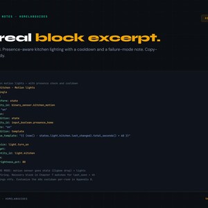 May include: Dark background with text: "A real block excerpt." and code snippets. The text describes presence-aware kitchen lighting with a cooldown. The website address "benchnotes.net" is visible at the bottom.