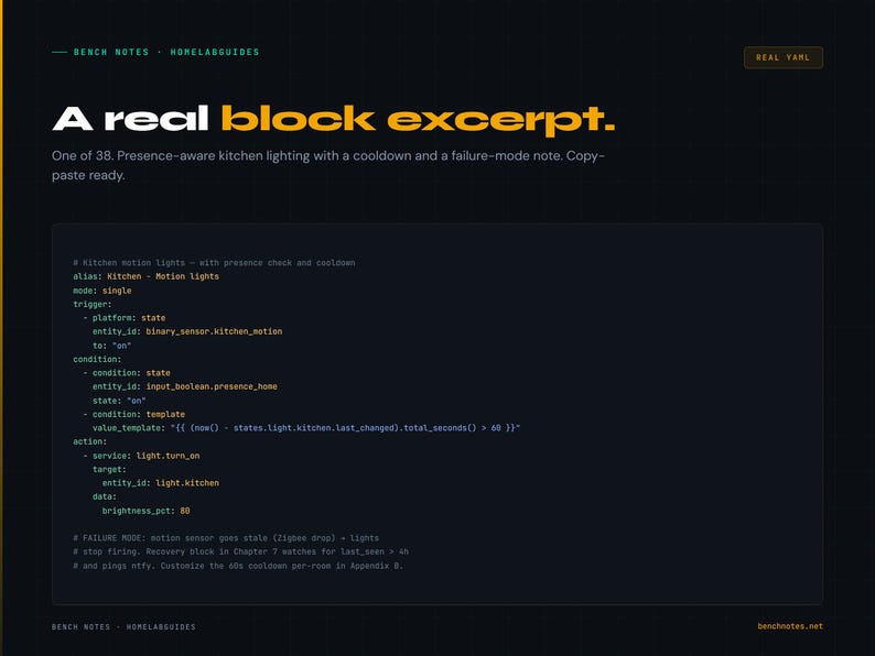 May include: Dark background with text: "A real block excerpt." and code snippets. The text describes presence-aware kitchen lighting with a cooldown. The website address "benchnotes.net" is visible at the bottom.
