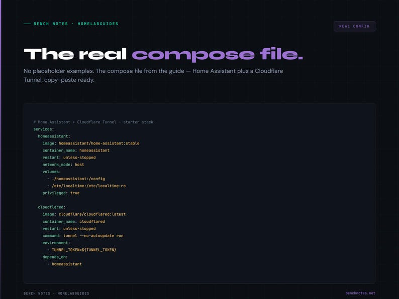 May include: A webpage with the title "The real compose file." The page features code snippets for Home Assistant and Cloudflare Tunnel, with a dark background and white and purple text. The text includes instructions and configuration details.