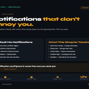 May include: A dark webpage with the title "Notifications that don't annoy you." The page includes sections on default notifications and what the chapter teaches, with bullet points. The page also has the text "A notification you'll ignore is worse than one you never got."
