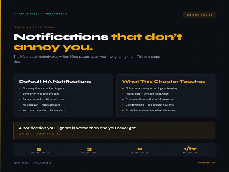 May include: A dark webpage with the title "Notifications that don't annoy you." The page includes sections on default notifications and what the chapter teaches, with bullet points. The page also has the text "A notification you'll ignore is worse than one you never got."