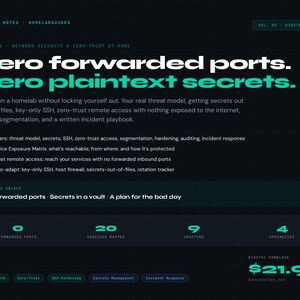 May include: A digital guide titled Bench Notes Volume 05 Network Security & Zero-Trust at Home. The dark background features teal and white text detailing a 9-chapter guide on homelab security, including zero-trust access and secrets management.