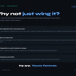 以下が含まれることがあります： 「Why not just wing it?」というテキストと、移行キットを説明する箇条書きがある濃い青色のウェブページ。テキスト「$9.99. Yours forever.」が一番下にあります。ウェブサイトのアドレスbenchnotes.netも表示されています。