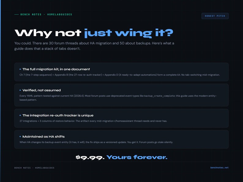 以下が含まれることがあります： 「Why not just wing it?」というテキストと、移行キットを説明する箇条書きがある濃い青色のウェブページ。テキスト「$9.99. Yours forever.」が一番下にあります。ウェブサイトのアドレスbenchnotes.netも表示されています。