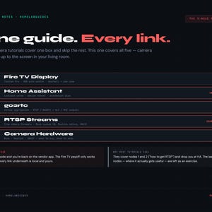 May include: Dark background with white and red text. The text reads "One guide. Every link." and lists camera hardware topics: Fire TV Display, Home Assistant, goarto, RTSP Streams, and Camera Hardware. The website benchnotes.net is at the bottom.