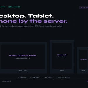 May include: Dark blue graphic with the text "Desktop. Tablet. Phone by the server." and the words "Home Lab Server Guide" on a laptop, tablet, and phone. The image promotes print-ready, dark mode, and no login.