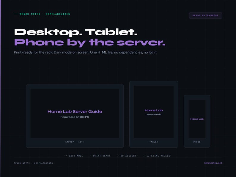 May include: Dark blue graphic with the text "Desktop. Tablet. Phone by the server." and the words "Home Lab Server Guide" on a laptop, tablet, and phone. The image promotes print-ready, dark mode, and no login.