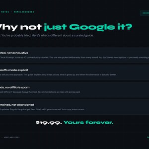 Peut inclure: Une page web bleu fonc&eacute; avec du texte blanc et turquoise. Le titre est "Pourquoi ne pas simplement Google it ?" suivi de puces d&eacute;crivant un guide. Le prix est de 19,99 $.