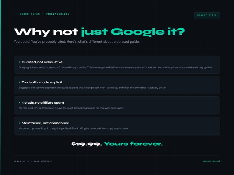 Peut inclure: Une page web bleu fonc&eacute; avec du texte blanc et turquoise. Le titre est "Pourquoi ne pas simplement Google it ?" suivi de puces d&eacute;crivant un guide. Le prix est de 19,99 $.