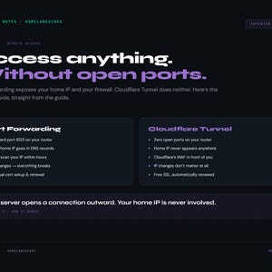 May include: A dark webpage with the text "Access anything. Without open ports." It compares port forwarding and Cloudflare Tunnel. The page includes lists of features for each method, with a purple and white color scheme.