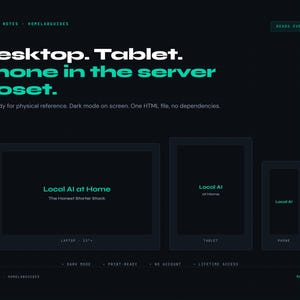 Peut inclure: Fond sombre avec le texte "Desktop. Tablet. Phone in the server closet." et les mots "Print-ready for physical reference. Dark mode on screen. One HTML file, no dependencies." Affiche un ordinateur portable, une tablette et un t&eacute;l&eacute;phone.