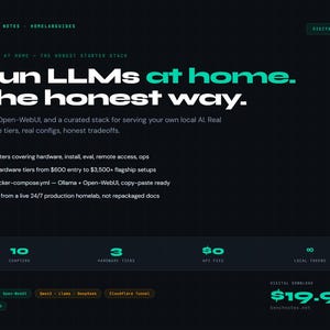 Pode incluir: Um guia digital com o texto "Run LLMs at home. The honest way." O guia aborda hardware, instalação e mais. Apresenta 10 capítulos, três níveis de hardware e custa $19.99. O fundo é escuro com texto verde-azulado e branco.