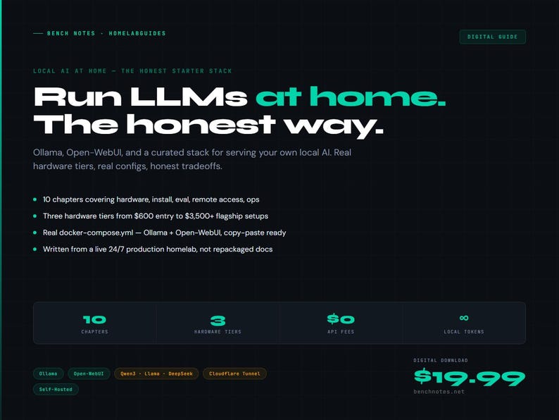 Peut inclure: Un guide num&eacute;rique intitul&eacute; "Run LLMs at home. The honest way." Il traite du mat&eacute;riel, de l'installation et d'autres aspects. Le guide comprend 10 chapitres, trois niveaux de mat&eacute;riel et co&ucirc;te 19,99 &euro;. Le design utilise un fond sombre avec du texte vert et blanc.
