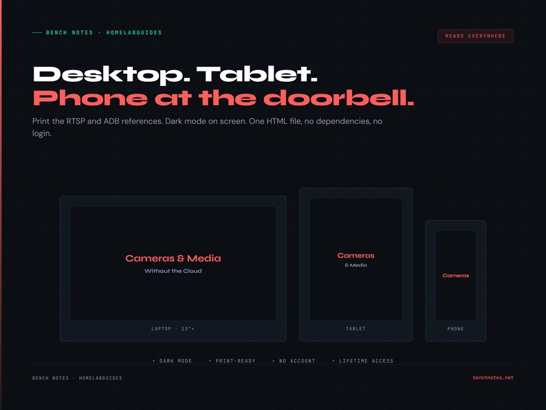 May include: Dark background with the text "Desktop. Tablet. Phone at the doorbell." and the words "Cameras & Media" displayed on a laptop, tablet, and phone. The website address benchnotes.net is visible.