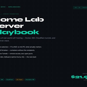 May include: A digital guide titled "Home Lab Server Playbook" on a black background. The title is in white and teal, with the subtitle "Server Foundation." The guide covers self-hosting topics like Docker and Cloudflare tunnels.