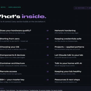 May include: A dark purple and black webpage titled "What's inside." The page lists 14 sections and appendices about hardware and AI control. The text includes topics like network hardening, container architecture, and remote access.