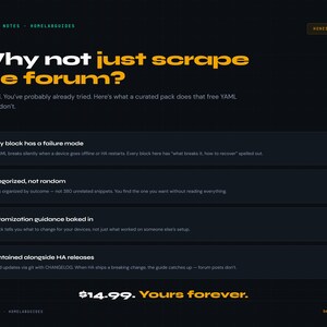 May include: Dark background with the text "Why not just scrape the forum?" in white and yellow. The text describes a curated pack with YAML snippets. The price is $14.99. The website is benchnotes.net.