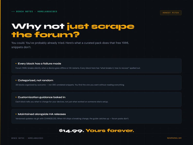 May include: Dark background with the text "Why not just scrape the forum?" in white and yellow. The text describes a curated pack with YAML snippets. The price is $14.99. The website is benchnotes.net.