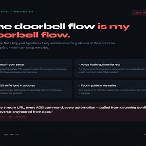 May include: A dark webpage with the title "The doorbell flow is my doorbell flow" in white and red text. The page includes bullet points about multi-cam setup, Wyze flashing, and Fire OS updates. The text "Every stream URL, every ADB command, every automation - pulled from a running config, not reverse-engineered from docs." is also visible.