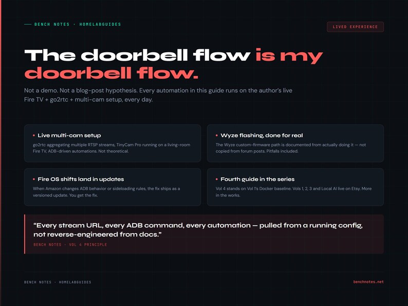 May include: A dark webpage with the title "The doorbell flow is my doorbell flow" in white and red text. The page includes bullet points about multi-cam setup, Wyze flashing, and Fire OS updates. The text "Every stream URL, every ADB command, every automation - pulled from a running config, not reverse-engineered from docs." is also visible.