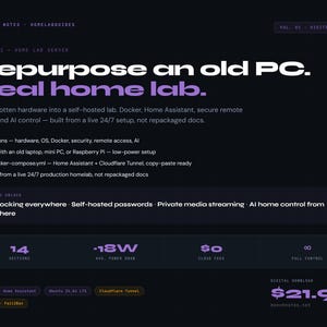 May include: A dark background with white and purple text promoting a digital guide on repurposing old PCs into a home lab. The guide covers topics like Docker, Home Assistant, and AI control, with 14 sections and a price of $21.99.