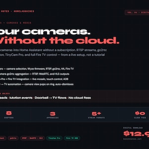 May include: A digital guide with the title "Your cameras. Without the cloud." The dark background features white and red text, highlighting features like camera selection and Fire TV control. The guide includes 8 chapters and costs $12.99.