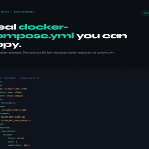 Peut inclure: Une page web bleu fonc&eacute; avec le texte "Real docker-compose.yml you can copy." et des extraits de code. La page comprend le texte "No placeholder examples. The compose file from the guide, battle-tested on the author's own hardware."