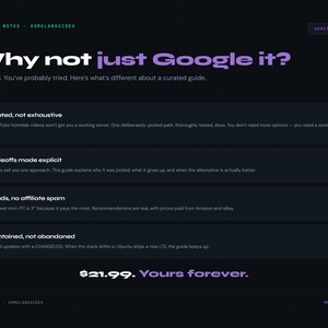 May include: Dark background with white and purple text. The text reads "Why not just Google it?" and lists the benefits of a curated guide. The price is listed as $21.99.
