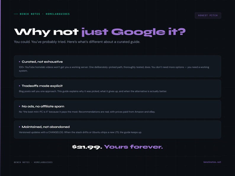 May include: Dark background with white and purple text. The text reads "Why not just Google it?" and lists the benefits of a curated guide. The price is listed as $21.99.