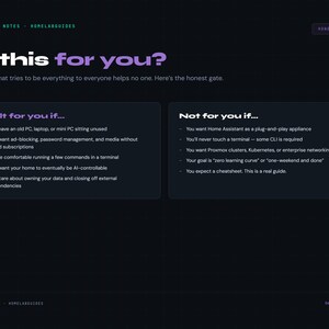 May include: A webpage with a dark background and white and purple text. The title reads "Is this for you?" followed by a guide. The page lists criteria for and against a product, with bullet points. The website address is at the bottom.