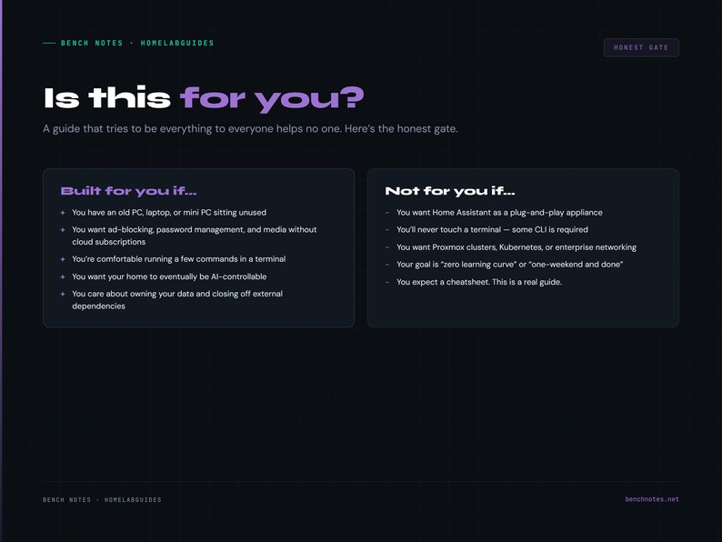 May include: A webpage with a dark background and white and purple text. The title reads "Is this for you?" followed by a guide. The page lists criteria for and against a product, with bullet points. The website address is at the bottom.