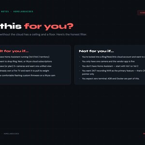 May include: A dark webpage with the text "Is this for you?" in red. The page lists criteria for and against using cloud-free cameras, including Home Assistant, cloud subscriptions, and camera counts. The website address is benchnotes.net.