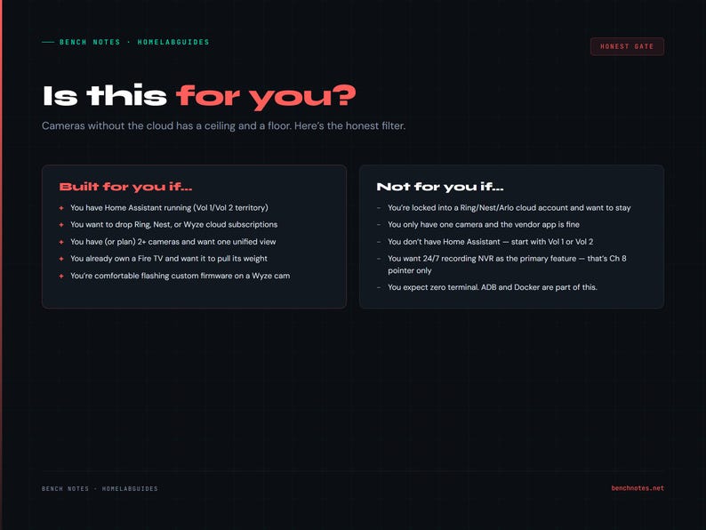 May include: A dark webpage with the text "Is this for you?" in red. The page lists criteria for and against using cloud-free cameras, including Home Assistant, cloud subscriptions, and camera counts. The website address is benchnotes.net.