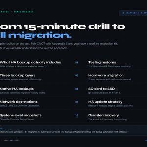 以下が含まれることがあります： 「Bench Notes」というタイトルの濃い青色のウェブページで、「From 15-minute drill to full migration」というテキストが表示されています。このページには、HAバックアップ、ネットワークの宛先、災害復旧などのトピックを含む10の章と付録がリストされています。