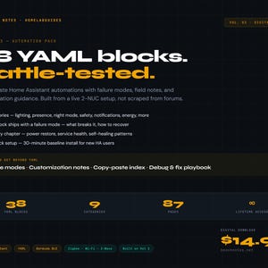 May include: Digital guide with the text "38 YAML blocks. Battle-tested." on a dark background. The guide includes information on Home Assistant automations, with 9 categories and 87 pages. The price is $14.99.