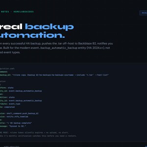 以下が含まれることがあります： 「A real backup automation」というテキストが書かれた濃い青色のウェブページ。ページにはコードスニペットと設定の詳細が含まれています。「REAL CONFIG」というテキストが右上隅にあります。
