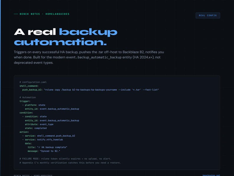 以下が含まれることがあります： 「A real backup automation」というテキストが書かれた濃い青色のウェブページ。ページにはコードスニペットと設定の詳細が含まれています。「REAL CONFIG」というテキストが右上隅にあります。