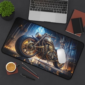 Steampunk Motorcycle Desk Mat, Gold Black Mech Bike Extended Mouse Pad