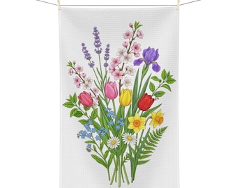 Spring Wildflower Bouquet on a White Microfiber Tea Towel | Tulip Daffodil Lavender Floral
