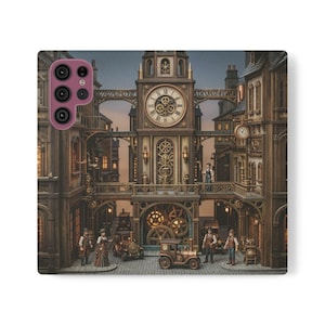 Étui portefeuille Steampunk pour Samsung Galaxy S21-S25, étui à rabat Clockwork Town, étui de portable technique rétro